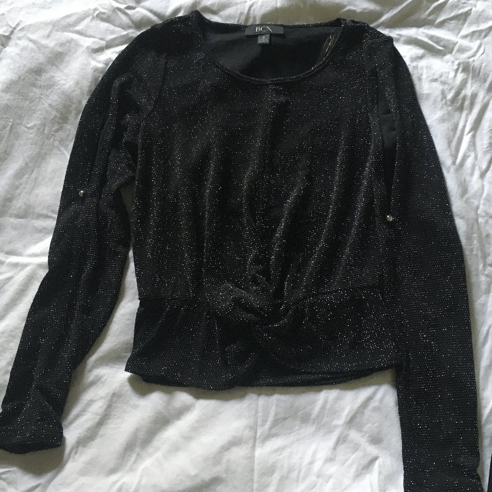 BCX – Dressy Black Shiny Silver Metallic /Glitter Threading Long Sleeve Top -NWT